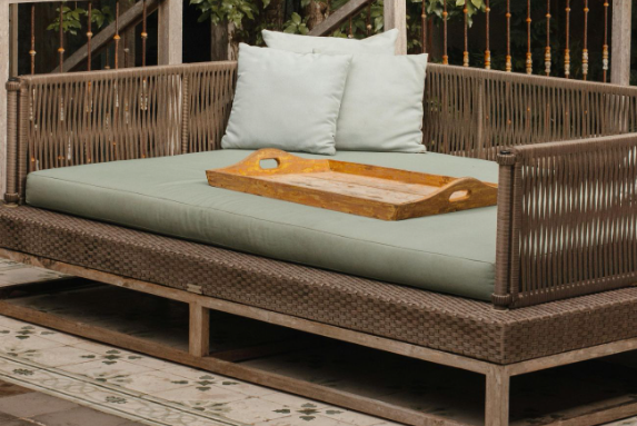 Rattan garden furniture for sale: Outdoor rattan garden furniture with green cushion, pillow and tray