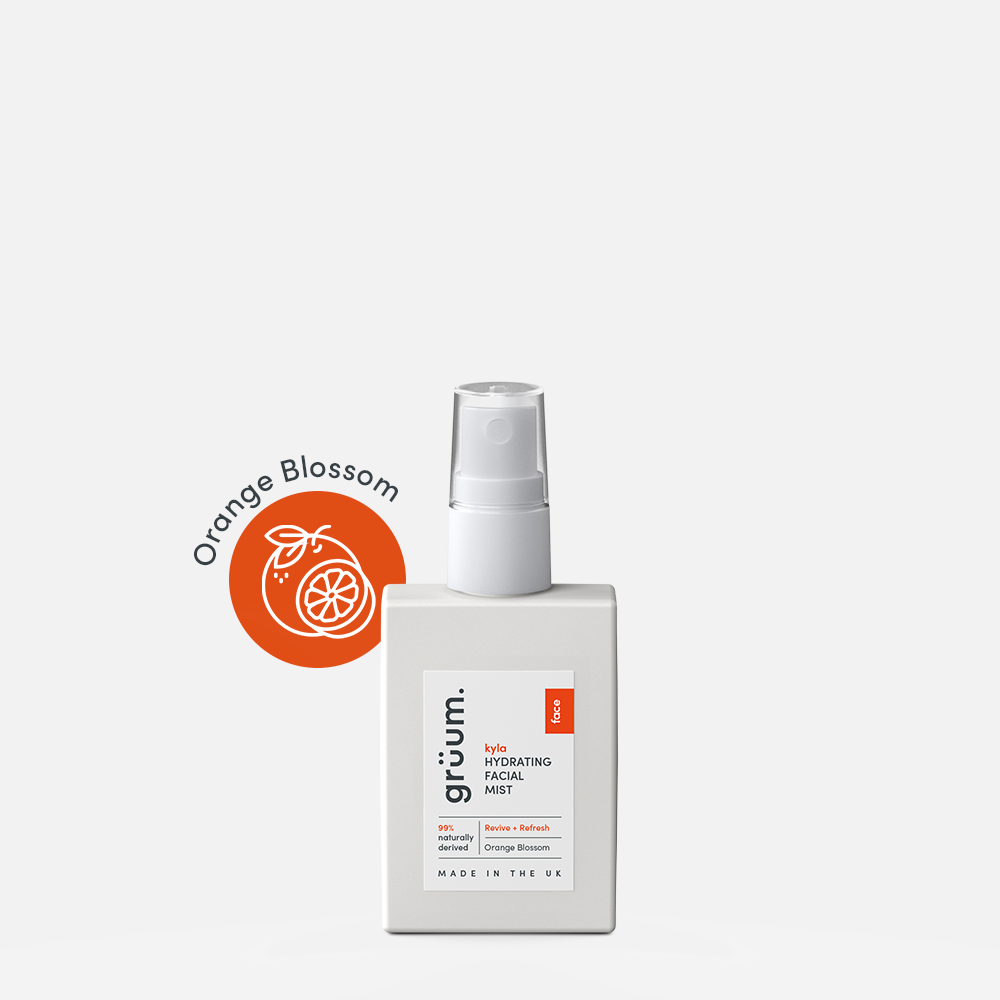 grüum skincare on a white background with an orange circle reading “Orange Blossom”