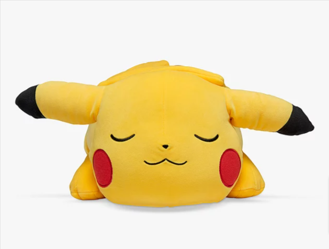A Pokémon sleeping Pikachu plush toy lying in front of a white background