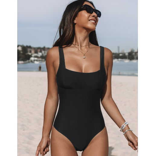 Swimming costumes and bikinis: Panelling square neck one-piece black swimsuit