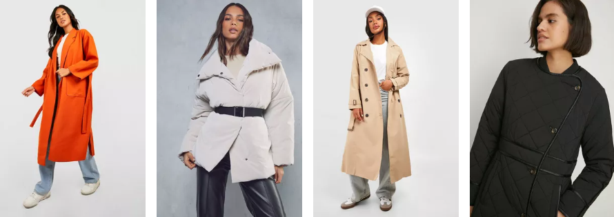 Models wearing belted coats of various sizes.