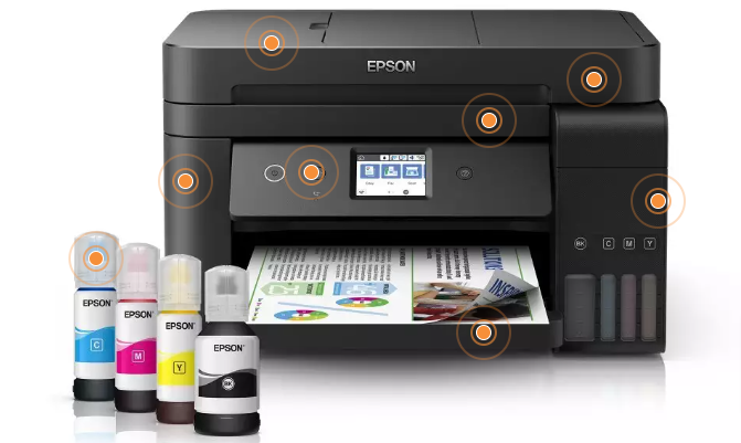 An Epson EcoTank Printer and four ink cartridges