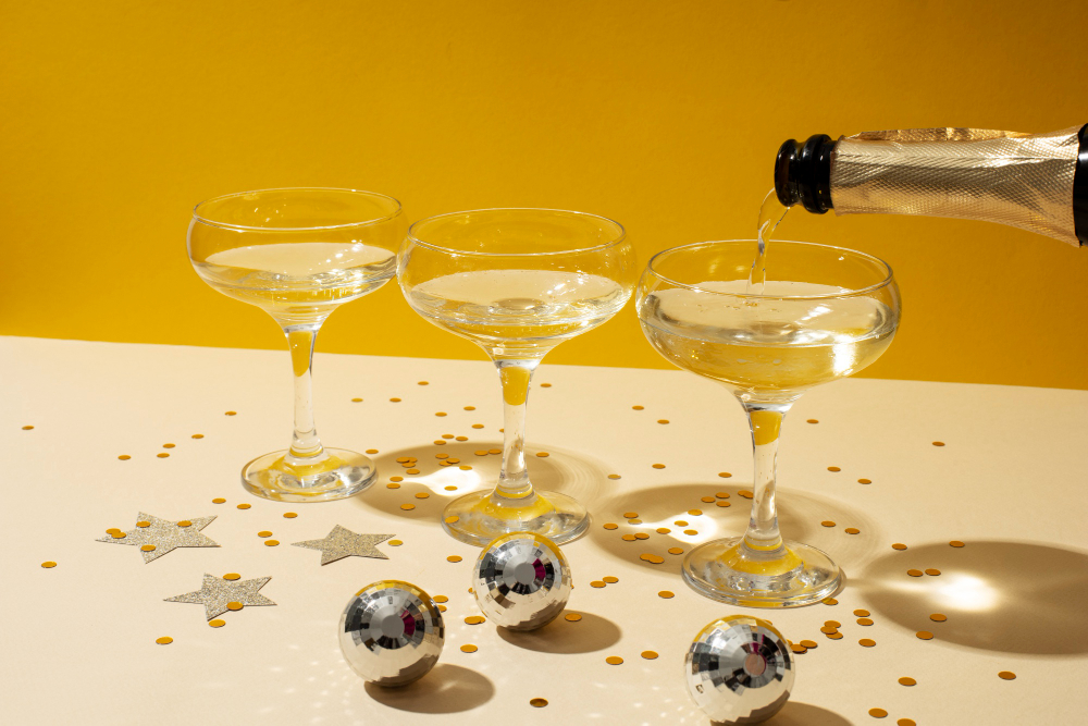 Prosecco Cocktails With Vodka: 3 glasses filled with prosecco on a table with some decorations