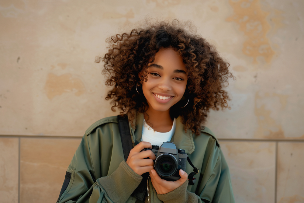 Image: Portrait of a young lady smiling with curly hair and holding a camera Portrait of a young lady smiling with curly hair and holding a camera