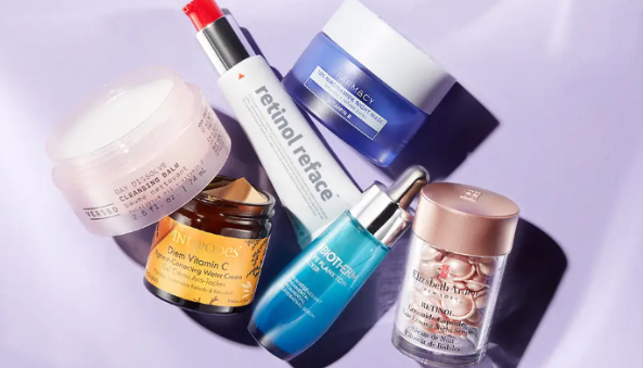 Image: Best-selling skin products laid out onto a white cloth. Best-selling skin products laid out onto a white cloth.