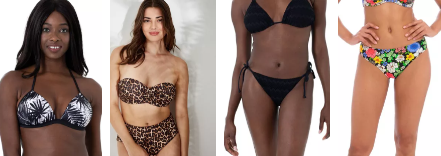 Models wearing a variety of two-piece swimwear in different colours.