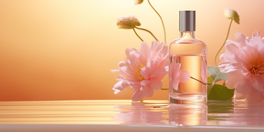 Image: Perfume in the UK: Perfume bottle with flowers around it in a peach background. Perfume in the UK: Perfume bottle with flowers around it in a peach background.