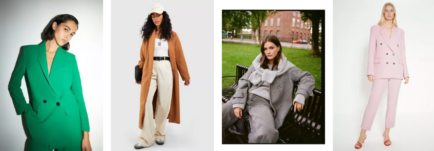 Double-breasted jackets and coats in different colours worn by female models