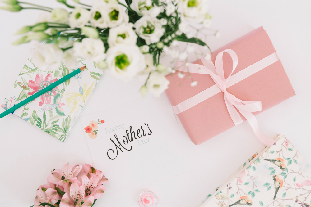 Image: Mother’s Day spa gifts wrapped with a happy Mother’s Day card and a bouquet. Mother’s Day spa gifts wrapped with a happy Mother’s Day card and a bouquet.