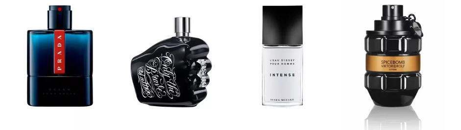 Four bottles of men’s perfumes with different branding