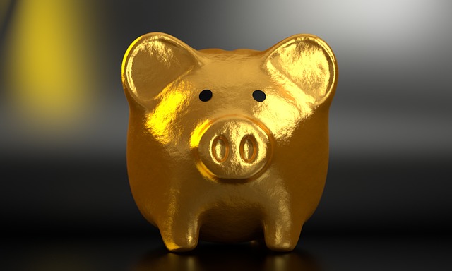 Image: Mortgage savings account Gold piggy facing forward with a blurry dark background. Mortgage savings account Gold piggy facing forward with a blurry dark background.