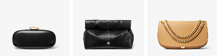 Michael Kors clutch bags: three different clutch bags with chain details set on a neutral background.