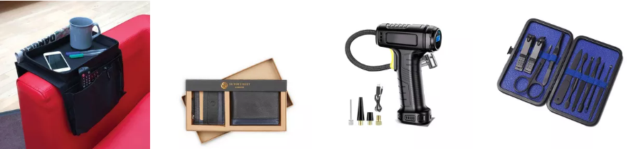 Gift sets for him that include an arm caddy, wallet, tyre inflator and grooming set.