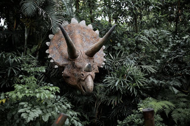 A triceratops standing amongst some bushes in a lush emerald-green jungle