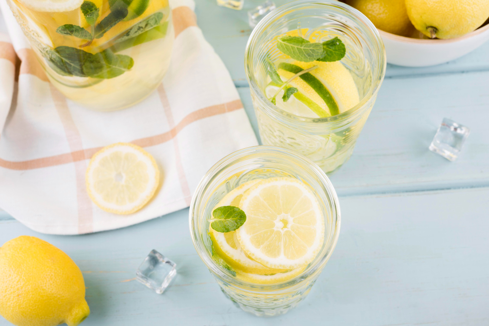 Prosecco Cocktails With Vodka: 2 glasses of lemon vodka drinks with lemon slices and a jar of the prosecco lemon drink.