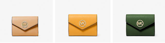 Michael Kors wallet purses: envelope wallets with the MK logo on the front in different colours.