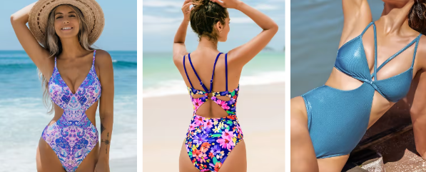 Women posing in some of Cupshe's top-selling swimming costumes and bikinis