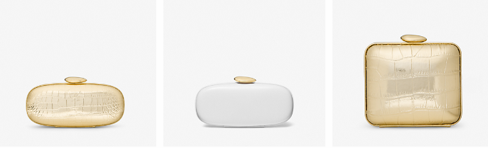 Three different Michael Kors clutch bags in a variety of materials on a neutral background.