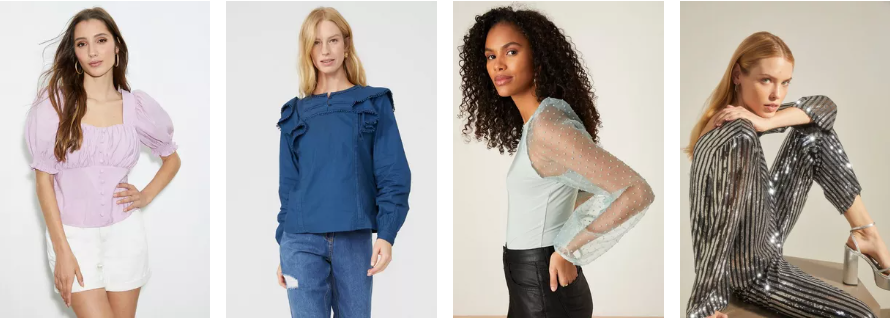 Different model shots of ladies wearing different style tops for various occasions.