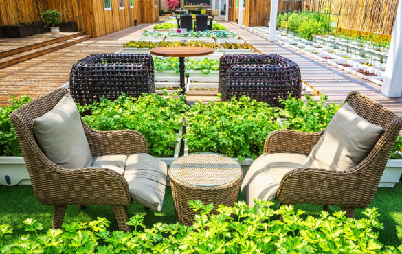 Different types of rattan garden furniture sets displayed around the garden