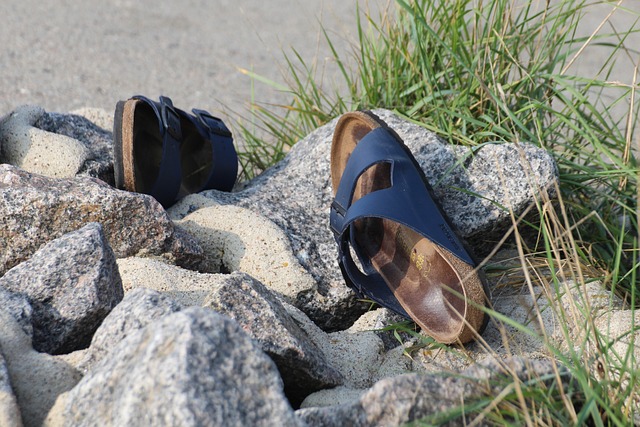 A pair of Schuh Men’s Sandals on big rocks with tall grass on the side.