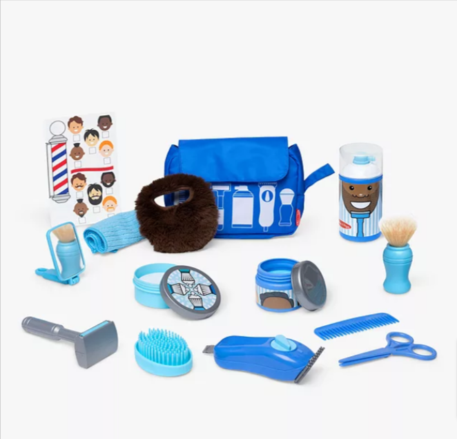 A fourteen-piece barber shop playset standing in front of a white background