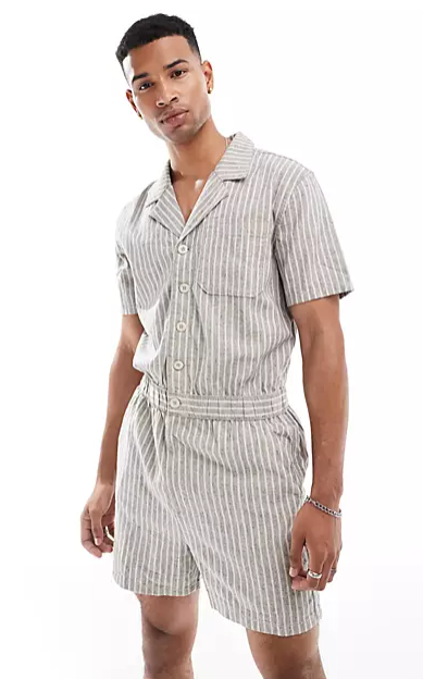 A model wearing the blue and white ASOS DESIGN Boilersuit from ASOS