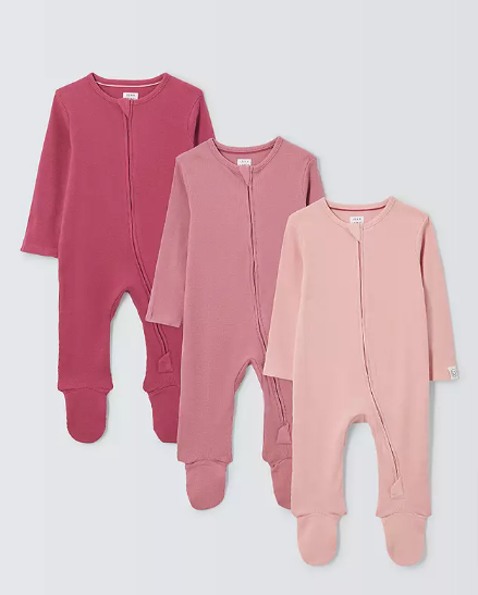 John Lewis Baby Cotton Two-Way Zip Ribbed Cotton Sleepsuit Pack