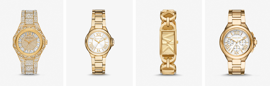 Four gold-toned Michael Kors watches for ladies.