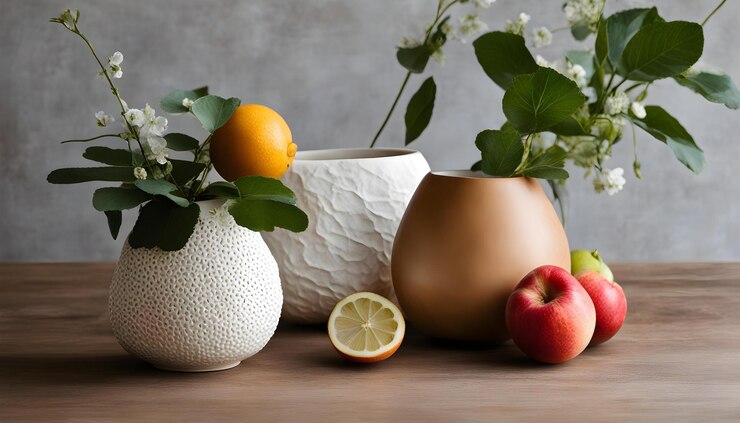 Image: Table with vases that have flowers in them with apples and a half lemon on the side Table with vases that have flowers in them with apples and a half lemon on the side