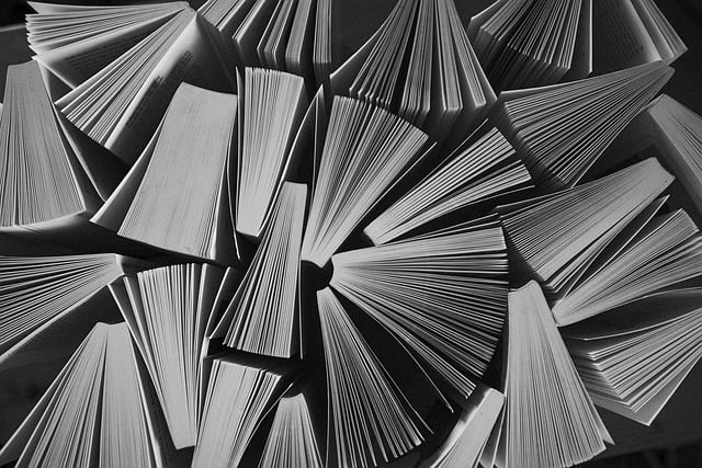 World Book Day retailers: Books that are slightly open and standing upright in a black and white filter.