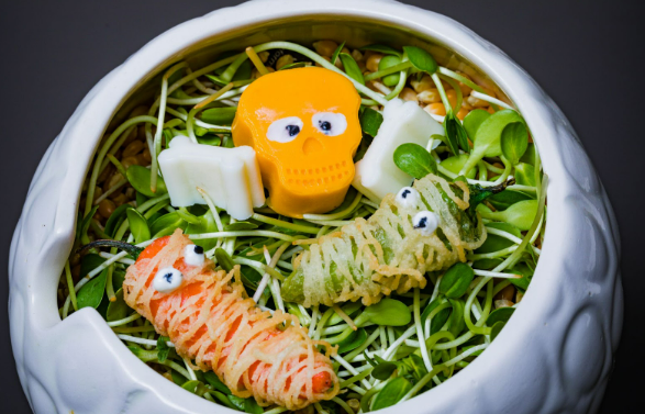 A meal made using vegetarian recipes for Halloween