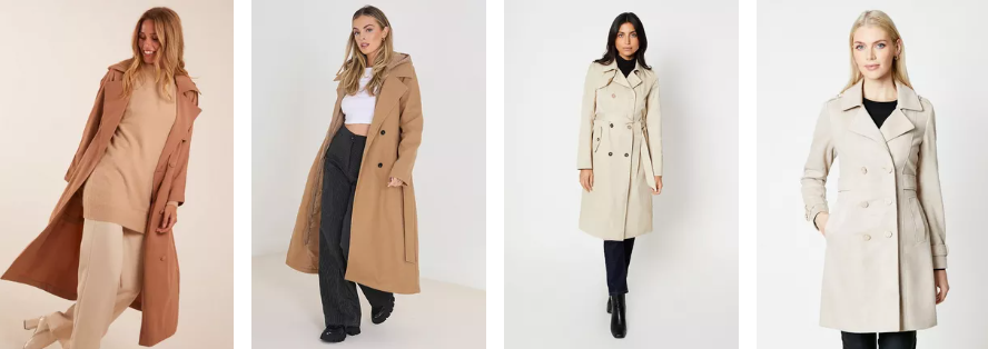 Female models wearing trench coats in different lengths and different colours