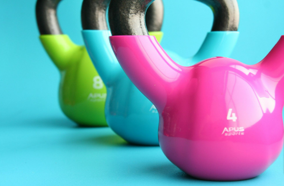 A colour set of kettlebells from the Mirafit gym equipment range
