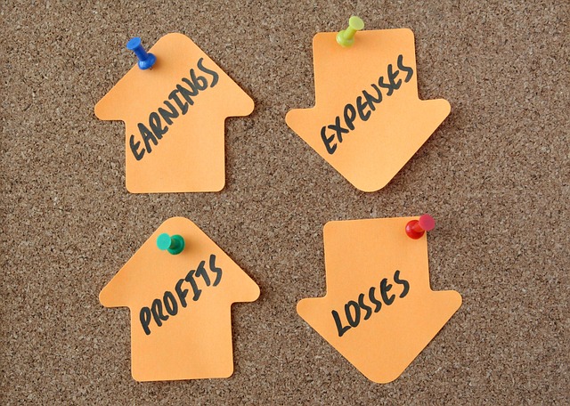 Sell your house quickly: Arrows going up and down with profit, losses, earnings and expenses written on them.