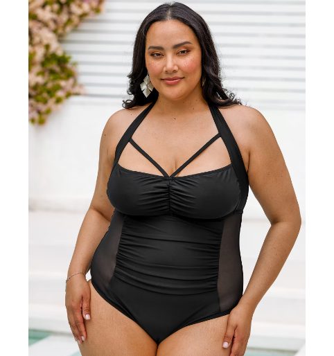 Plus-size swimming costume (UK): Plus-size strappy shirred black mesh one-piece swimsuit.