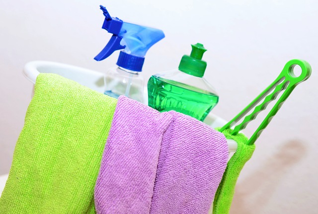 Men’s trainers at Schuh: Cleaning caddy with microfibre clothes in green and purple with a spray bottle and liquid soap.