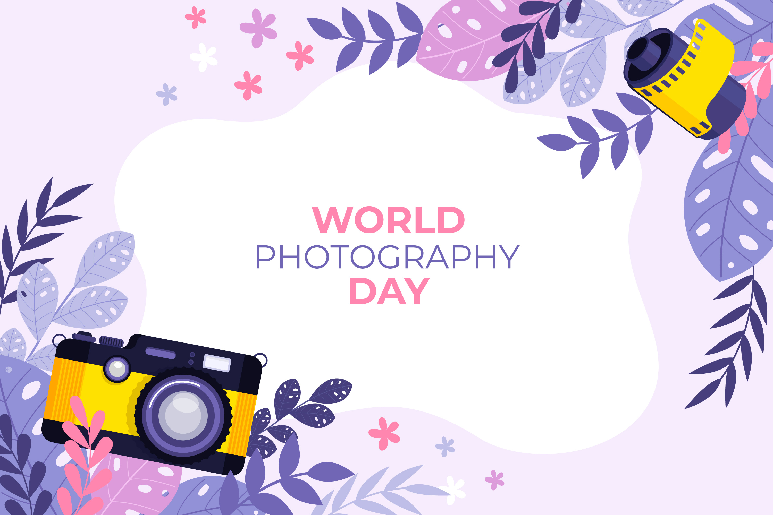 Image: Celebrate World Photography Day: Beautiful image with hues of purple with a camera on the right bottom corner and videotape on the top right corner. Celebrate World Photography Day: Beautiful image with hues of purple with a camera on the right bottom corner and videotape on the top right corner.