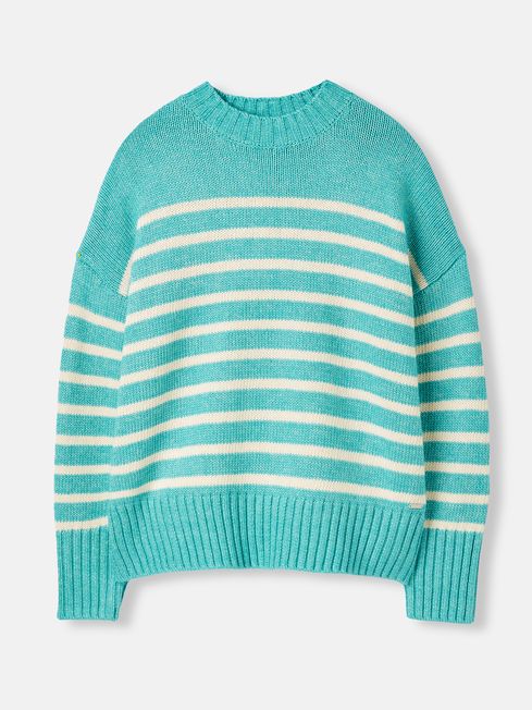 A nautical blue and white striped jumper lying on an off-white background