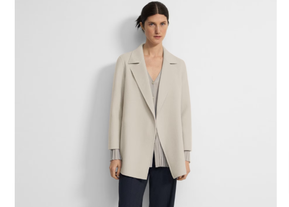 Theory clothes on sale: A woman wearing a Clairene double-face wool-cashmere jacket