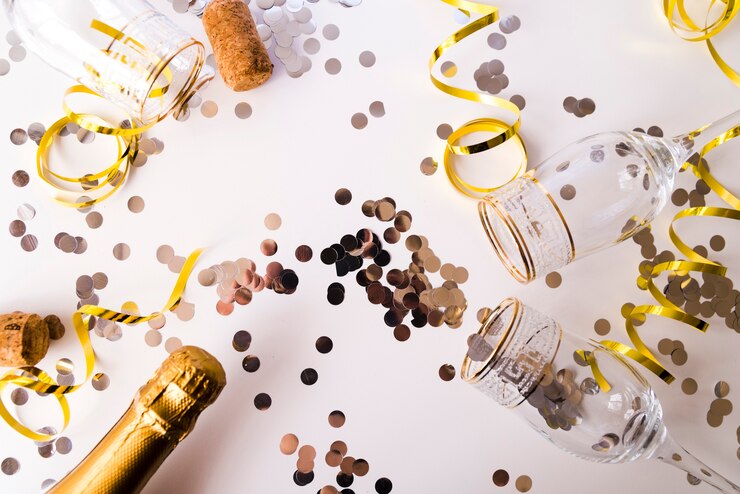 Prosecco bottle with empty glasses, confetti and gold ribbons on a white background