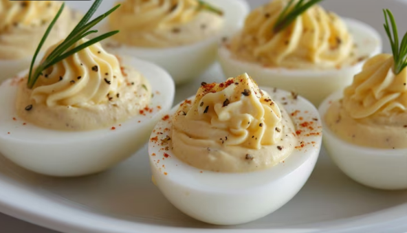 Prosecco cocktails with vodka: Sour cream deviled eggs with rosemary sprigs on top placed on a white serving dish