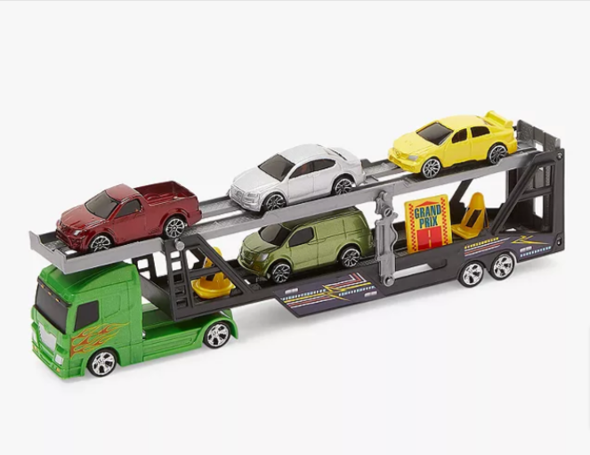 A John Lewis plastic toy car transporter standing in front of a white background