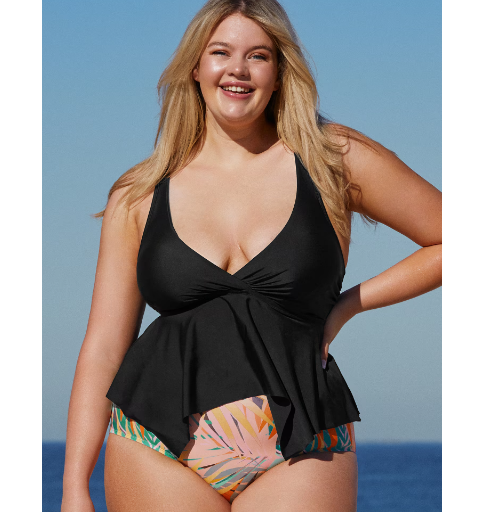 Plus-size swimming costume (UK): Plus-size black tankini & tropical high-waisted tropical bottoms