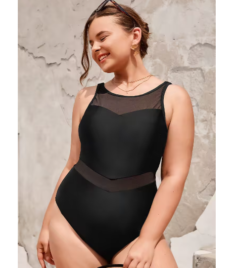 Plus-size swimming costume (UK): Plus-size mesh high neck black one-piece swimsuit