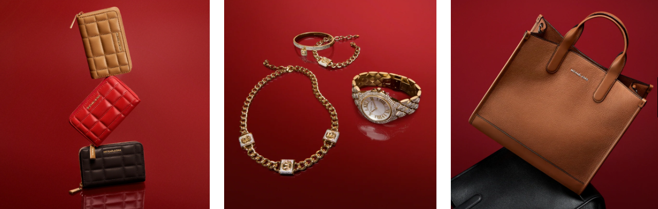 Michael Kors Outlet Online: Three images with wallets, jeweller and a handbag set on a maroon background.