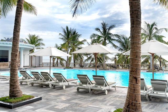 Outdoor chairs and umbrellas at an island villa for the reality show Love Island
