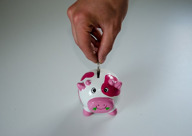 Pink and white piggy with a hand putting in money in the money slot