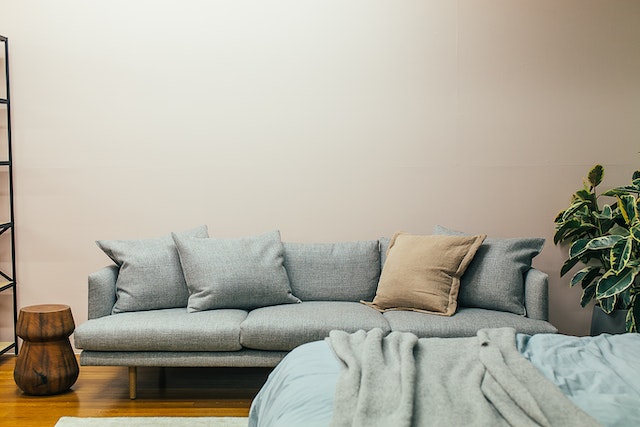 A sofa bed with storage standing behind a bed with light blue sheets and a plant