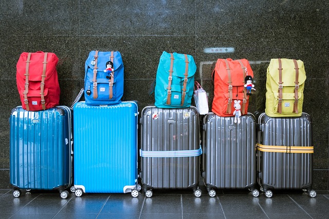 Five different travel hand luggage bags with backpacks on each in a variety of colours.